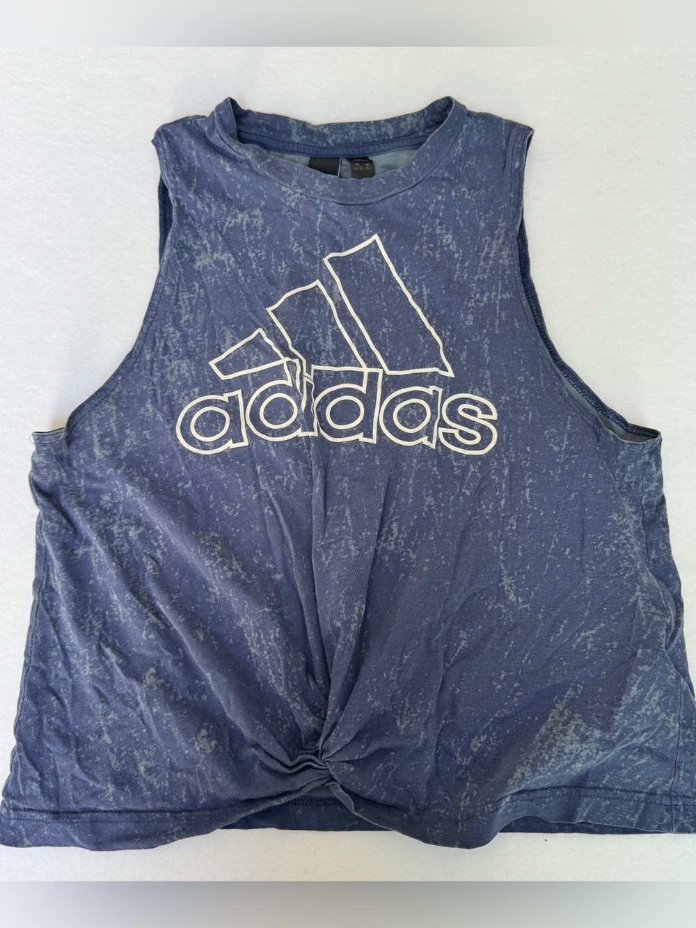 Adidas Woman’s Blue Markble Log Print Cropped Twist Front tank Top Size Small